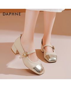 Daphne Retro Square-Toe Mary Jane Pumps for Women, Spring Versatile French Color-Blocking Low-Cut Shoes, Off-White, Size 40