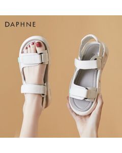 Daphne Women's Sandals, Cowhide Open-Toe Low Heel Platform Sandals with Hook-and-Loop Strap, Versatile Casual Shoes, Beige Green, Size 38