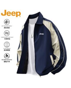 JEEP Men's Jacket Spring Autumn Turn-Down Collar Loose Casual Outdoor Sport Color-Blocking Coat Navy Blue XL