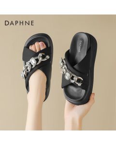 Daphne Women's Sandals Thick Sole Chain Rhinestone Casual Slide Sandals Shoes 4023303286 Black 37