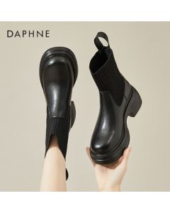 Daphne Women's Short Boots Genuine Leather Thick Sole Chelsea Boots Knitted Stretch Sock Boots Shoes 4022605144 Black 36