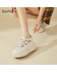 Daphne Platform Sneakers for Women - Summer Hollow-Out Breathable Slip-On Casual Shoes, Versatile White Sneakers, Beige, Size 36