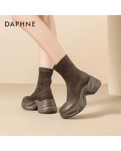 Daphne Chunky Heel Slimming Boots for Women 2025 Autumn/Winter Sock Boots Retro Versatile Stretch Boots - Brown, Size 39