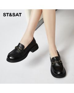 Saturday Women's Loafers Genuine Leather Soft Sole Slip-On Low Heel Commuter Flats - Black 37