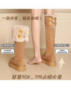 Daphne Winter Fleece-Lined Thickened Two-Way Snow Boots, Northeast Cold-Weather Slimming High-Top Boots, Brown, Size 37