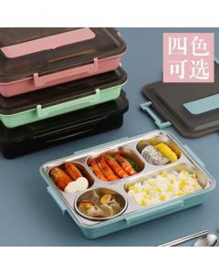 Jimeijiduo 304 Stainless Steel Lunch Box for Students and Office Workers, Multi-Compartment Sealed Square Bento Box [5 Compartments + Utensils] Green