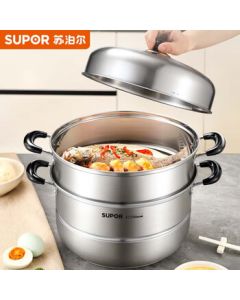 SUPOR Steamer Easy-to-Store Double-Layer Reinforced Bottom 304 Stainless Steel 28cm Soup Pot with Steamer Basket, Compatible with Induction Cookers SZ28C1