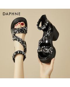 Daphne Chunky Heel Glitter Roman Sandals for Women, Summer Fashion Versatile Comfortable Petite Back Zipper High Heels, Silver, 34