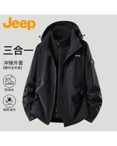 JEEP Men's 3-in-1 Jacket, Autumn/Winter Windproof Thermal Mountain Climbing Two-Piece Set, Black, 2XL