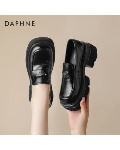 Daphne Women's Leather Loafers Soft Sole British Style Chunky Heel Shoes 4023404197 Black 36