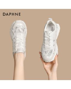 Daphne Platform Sneakers for Women, Summer New Breathable White Sports Shoes 4025101757 Hollow-Out Beige, Size 37