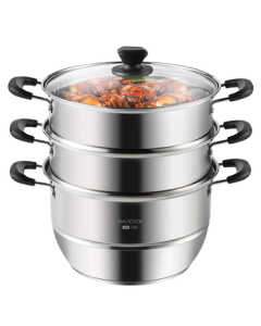 maxcook 304 Stainless Steel Steamer Pot 28CM, Triple-Layer Composite Bottom, Compatible with Gas & Induction Stoves