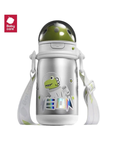 babycare Titanium Space Cup - Tyrannosaurus Toby Insulated Cup for Infants and Toddlers, Dinosaur Straw Cup, 450ml, Moon Rock Silver