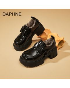 DAPHNE Brown Fur-Lined Loafers for Women, 2025 Autumn/Winter New Warm Cotton Shoes, Thick-Soled Elevating Commuter Leather Shoes