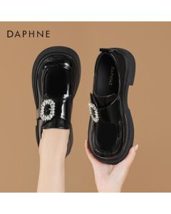 Daphne Women's Loafers with Thick Sole, Patent Leather Rhinestone Retro Leather Shoes 4023404284 - Mirror Black, Size 37