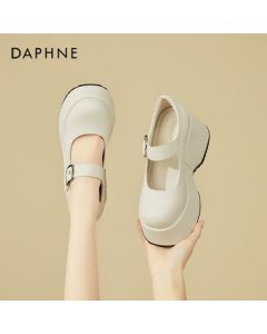 DAPHNE Platform Heels Mary Jane Shoes for Women - Chunky Heel, Elevating Round-Toe Pumps - Beige, Size 37