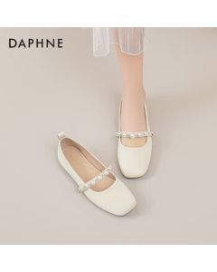 Daphne Women's Low-Cut Flats Spring/Autumn French Gentle Evening Shoes Flat Pearl Mary Jane Shoes - Beige Size 37
