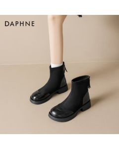 Daphne Women's Ankle Boots 2025 Winter New British Style Brown Thick-Sole Slimming Boots with Fleece Lining - Black, Size 37