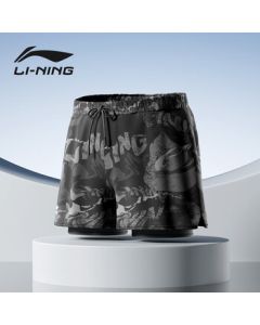 LI-NING Men's Anti-Embarrassment Swim Trunks Square-Cut Double-Layer Water & Land Dual-Use Patterned Beach Pants 901XXL