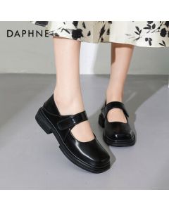 Daphne Versatile Retro Loafers for Women, Spring Mary Jane Shoes, Chunky Heel Flat Slip-On Shoes with Velcro, Black, Size 37