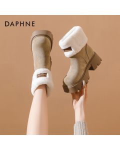 Daphne Platform Winter Boots for Women, Autumn/Winter Short Boots with Fleece Lining and Thick Sole for Petite Women, Retro Style, Khaki, Size 35