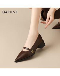 DAPHNE French-style Pointed Toe Boat Shoes for Women, Versatile Casual Shoes, Chunky Heel Mid-Heel Black Dress Shoes for Women, Brown, Size 39