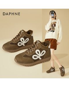 DAPHNE Women's Chunky Platform Sneakers with Hidden Wedge, Winter Fleece-Lined Casual High-Top Shoes, Khaki, Size 37