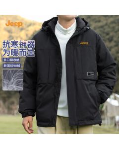 JEEP Down Jacket for Men 2024 Winter Thickened Warm Hooded Workwear Coat with White Duck Down and Color Block Design