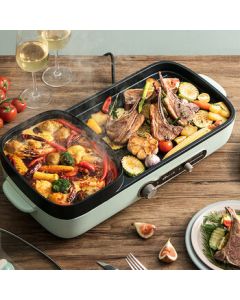 Bear DKL-C15G1 Electric Hot Pot and Grill Combo, Electric Roasting Pan, Non-Stick Griddle for Home Use, Retro Green