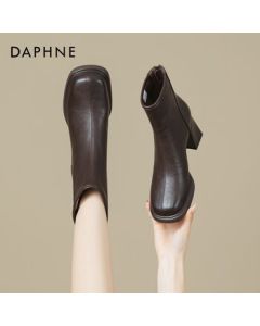 Daphne Women's Ankle Boots 2025 Autumn/Winter New Chunky Heel Slim Boots High-Heel Martin Boots French Nude Boots Brown 35