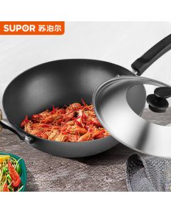 SUPOR Wok Non-Stick Coating Iron Pan Rust-Free Frying Pan Compatible with Gas and Induction Cookers FC32V3