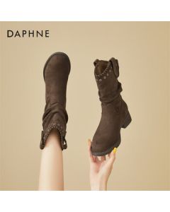 DAPHNE Retro Plush Lined Chunky Heel Mid-Heel Pleated Stacked Boots Women's Fashion Versatile Casual Slip-On Ankle Boots Coffee 35