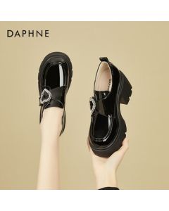 Daphne Chunky Heel Loafers for Women, Fashion Thick-Sole Soft Leather Versatile Petite High-Heel Dress Shoes, Black, 34