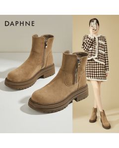 Daphne Platform Ankle Boots for Women, Winter Retro High-Cut Fleece-Lined Warm Martin Boots, Khaki, Size 38