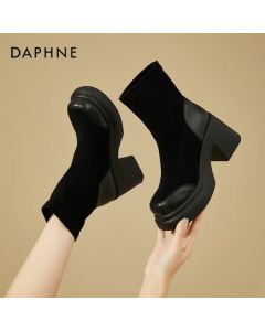 DAPHNE Women's Suede Block Heel British Style High Heel Elastic Boots Protective Round Toe Ankle Boots Black 8.5cm Size 36 Standard