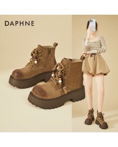Daphne Retro Versatile Platform Fur-Lined Martin Boots for Women, Winter British Beaded Height-Increasing Chunky Ankle Boots, Khaki, 34