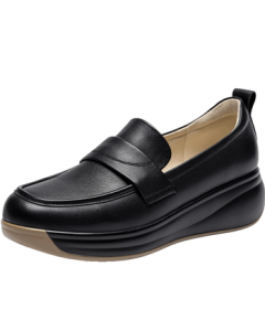 ZHR Genuine Leather Women's Loafers Fashion Platform Slip-On Shoes Versatile Mom Flats S126 Black 37