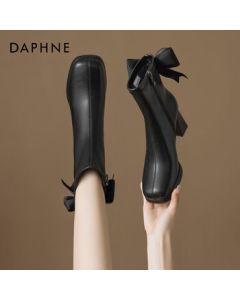 Daphne Women's High Heel Ankle Boots 2025 New French Style Casual Versatile Chunky Heel Bow Boots - Black, Size 39