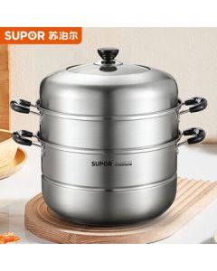 SUPOR Steamer Pot 304 Stainless Steel Double-Layer Reinforced Bottom Multi-Purpose Large Capacity Steamer Basket Compatible with Gas and Induction Cookers SZ26C1