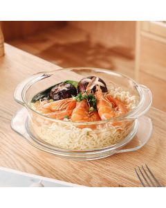 Granas Student Noodle Bowl with Lid - Double Handle Transparent Glass Bowl, Microwave Safe Heat-Resistant Soup Noodle Salad Bowl, 1L