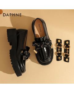 Daphne Loafers Women's Shoes 2022 Spring/Autumn Thick-Soled British Style Slip-On Flats Summer Casual Shoes Obsidian Black [Two Accessories, Versatile Style] 37