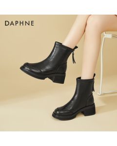DAPHNE Women's Faux Fur-Lined Ankle Boots with Chunky Heel, Slimming Boots, Fashionable Rear-Zip Leather Boots - Black, Size 35