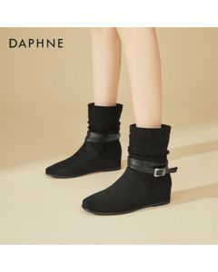 DAPHNE Retro Maillard Flat Boots for Women with Hidden Wedge Heel, Stacked Boots, Faux Fur Lined Western Cowboy Fashion Boots, Black, Size 38