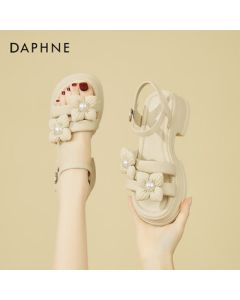 DAPHNE Fashion Women's Sandals - Summer Versatile Thick-Soled Wedge Strappy Flower Pearl Beach Sandals in Light Yellow, Size 39