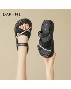 Daphne Sweet Platform Two-Way Sandals Summer New Style Thin Strap Pearl Women's Shoes 4023303318 Black 38