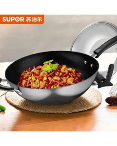 SUPOR Wok Cast Iron Rust-Free Healthy Frying Pan with Standable Lid, Wear-Resistant and Scratch-Proof FC32Z9