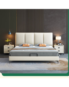 Huagui (OFFICE FURNITURE) Stylish Cream-Colored Leather Bed, Modern Minimalist Small Apartment Master Bedroom Storage Bed, New Double Flush Upholstered Wedding Bed