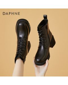 Daphne Women's Martin Boots Chunky Heel Ankle Boots Versatile Leather Boots High Heel Short Boots Shoes 422104596 Black 38