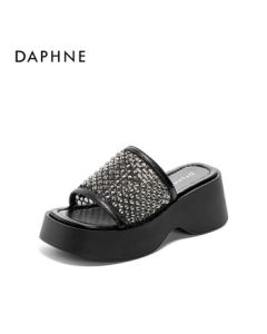 Daphne Platform Sandals for Women, Summer New One-Strap Height-Increasing Beach Shoes 4025303380, Black, Size 38