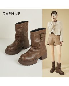 Daphne Chunky Heel Retro Western Ankle Boots for Women, Autumn Winter British Style Versatile Stacked Boots, Pants Boots, Brown, Size 38